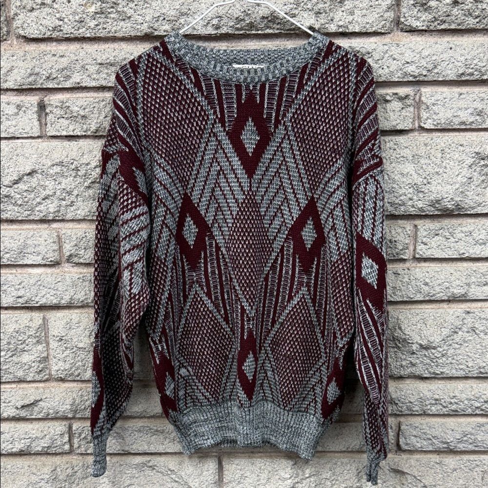 Geometric Patterned Sweater - Burgundy and Gray